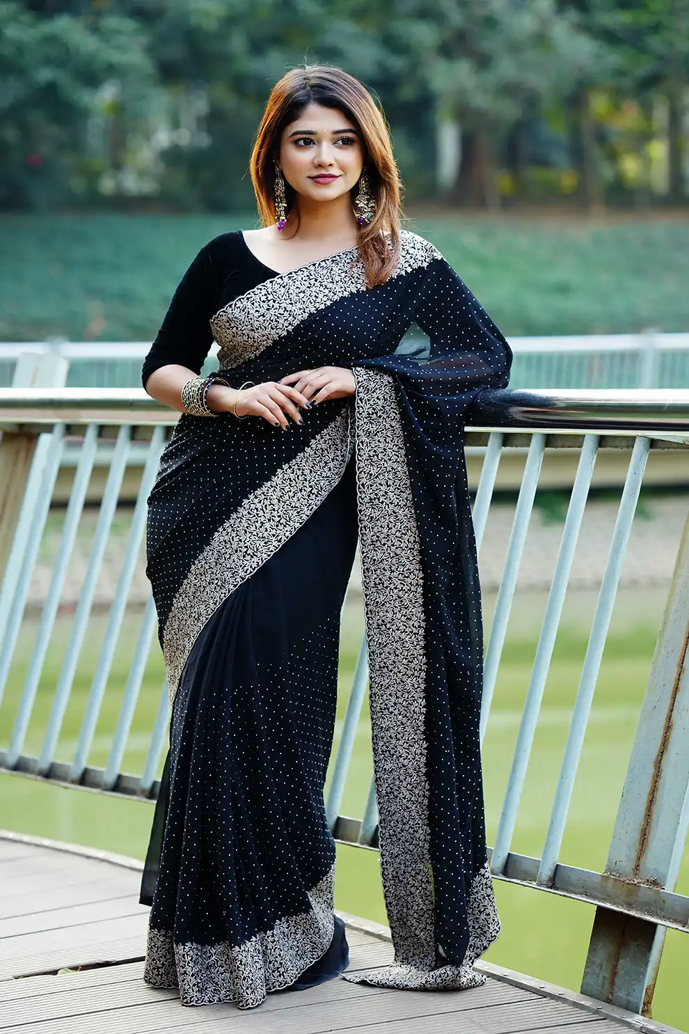 Black Silk Blend Saree with premium Embroidery Glass Stone