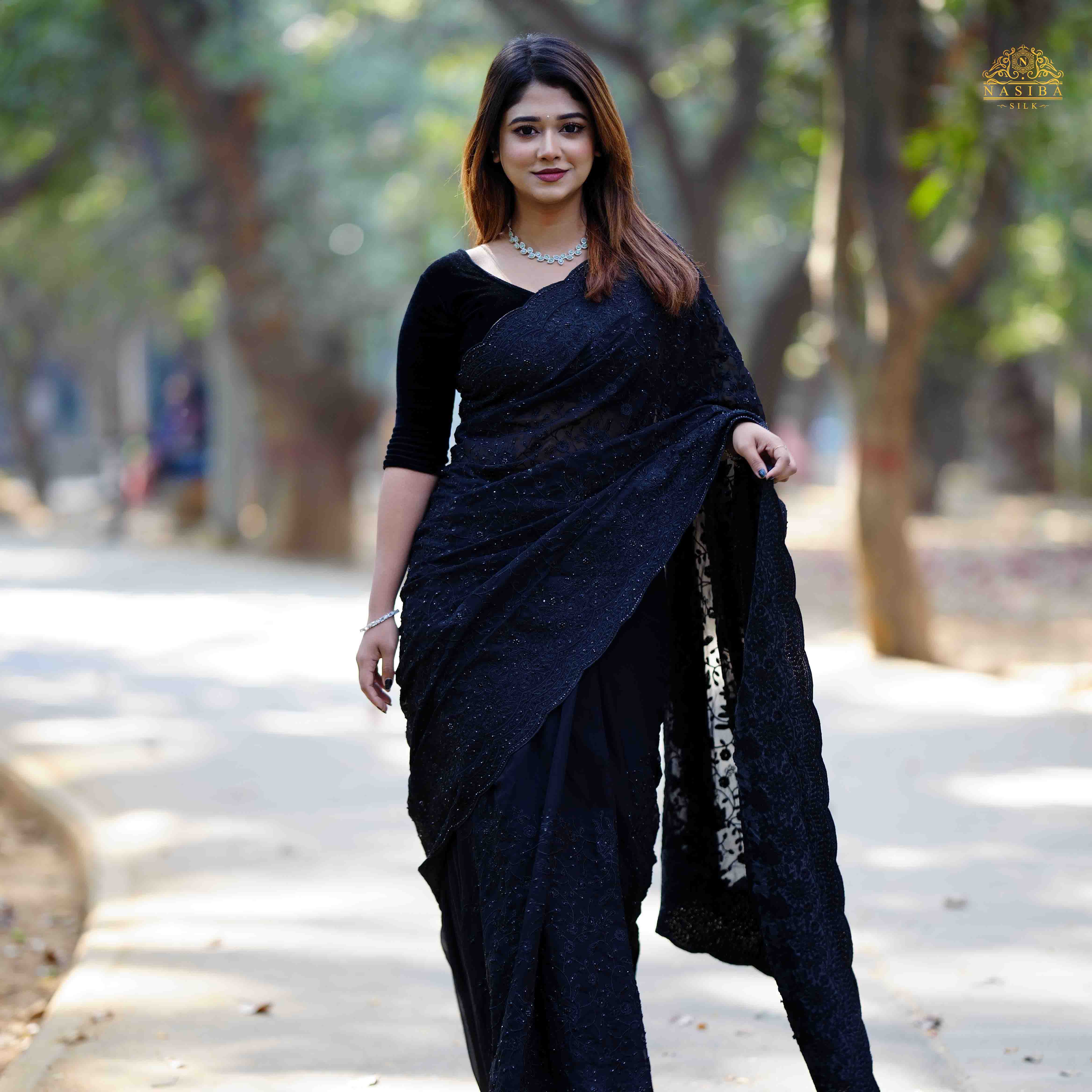Jet Black Chiffon mix silk blend Georgette Embroidery Party Saree