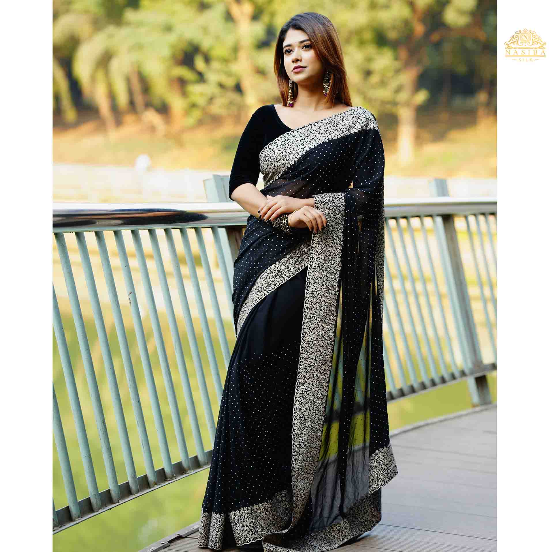 Black Silk Blend Saree with premium Embroidery Glass Stone