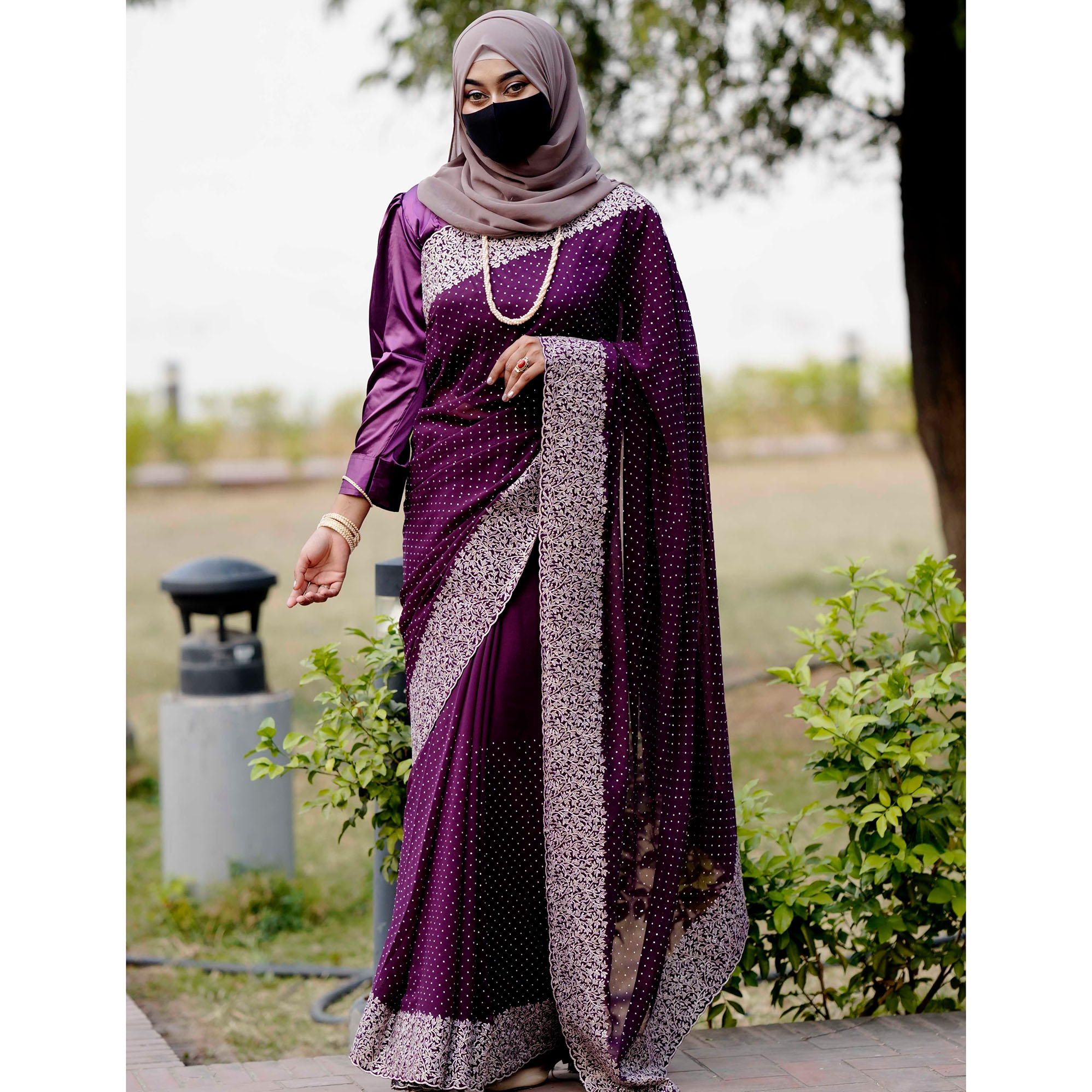 Wine Purple Silver Siroski Glass Stone Silk Blend Mixed Chiffon Georgette Saree