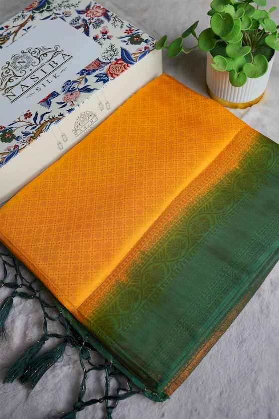 Basanti Green Contrast Kanjivaram Soft Silk Saree