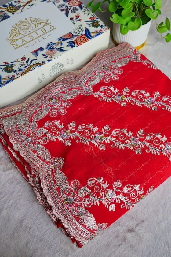 Aara Red Chiffon Georgatte Hand Stone Work