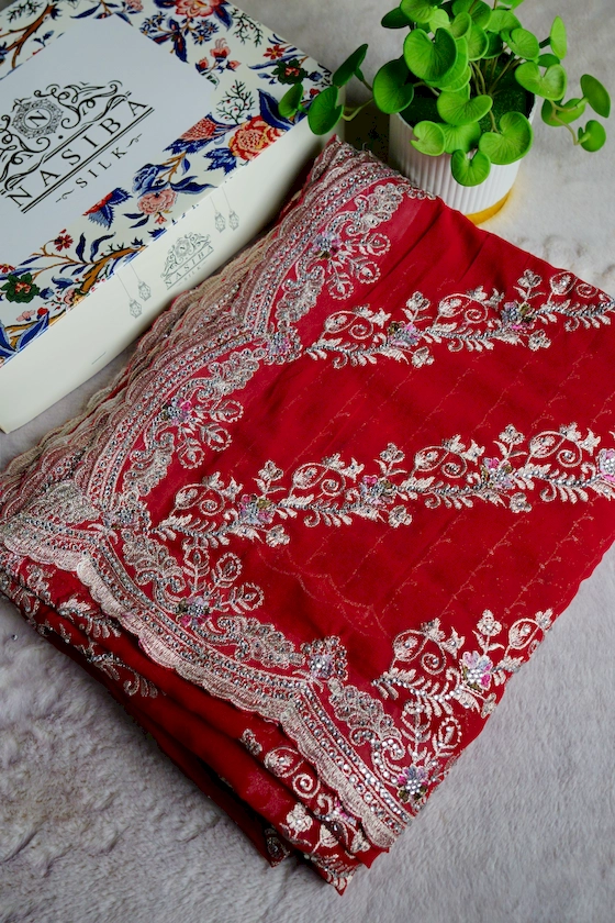 Aara Reddish Maroon Chiffon Georgette Hand Stone Work Saree