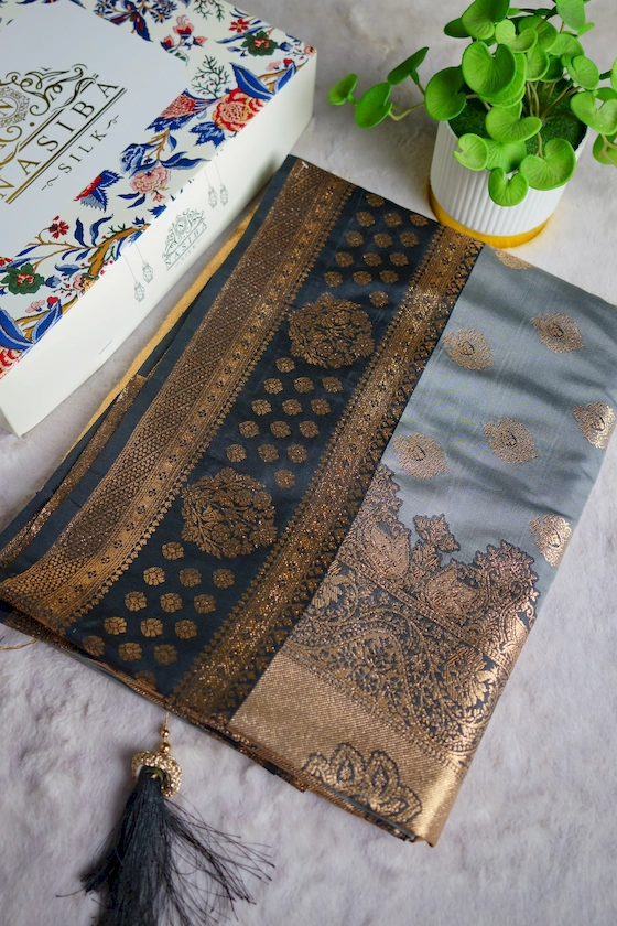Steel Grey & Navy Blue Pure Katan Antique Gold Zari Work Premium Saree