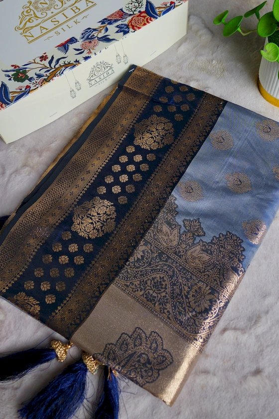 Steel Blue & Navy Blue Pure Katan Royal Antique Gold Zari Work Saree