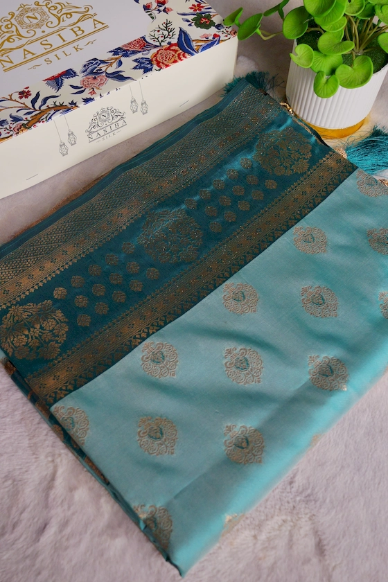 Aqua Blue & Deep Teal Green Pure Katan Antique Gold Zari Work Saree