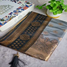 Steel Grey & green Pure Katan Antique Gold Zari Work Premium Saree