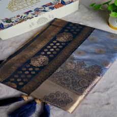 Steel Blue & Navy Blue Pure Katan Royal Antique Gold Zari Work Saree