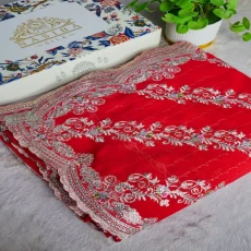 Aara Red Chiffon Georgatte Hand Stone Work