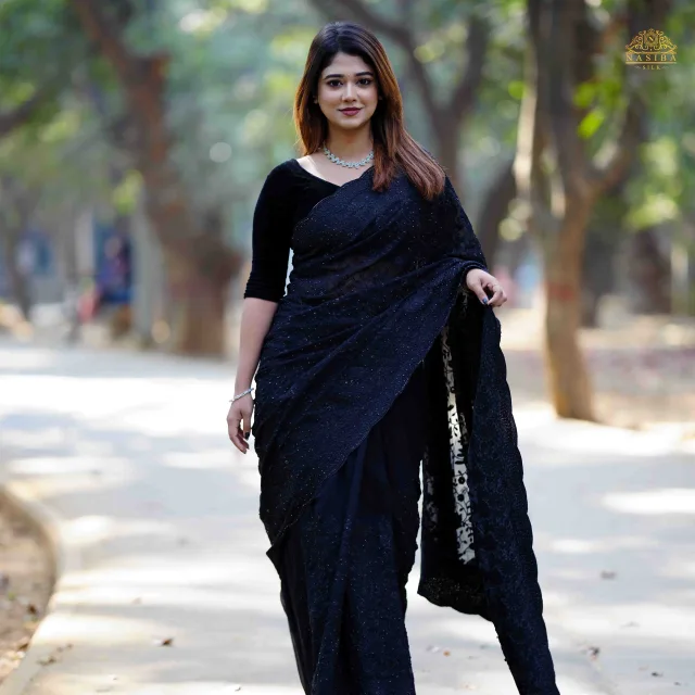 Jet Black Chiffon mix silk blend Georgette Embroidery Party Saree