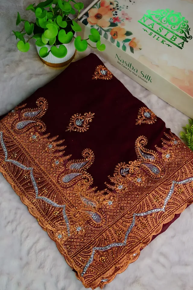 Maroon soft Chiffon Georgatte saree Buta Work