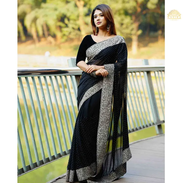 Black Silk Blend Saree with premium Embroidery Glass Stone