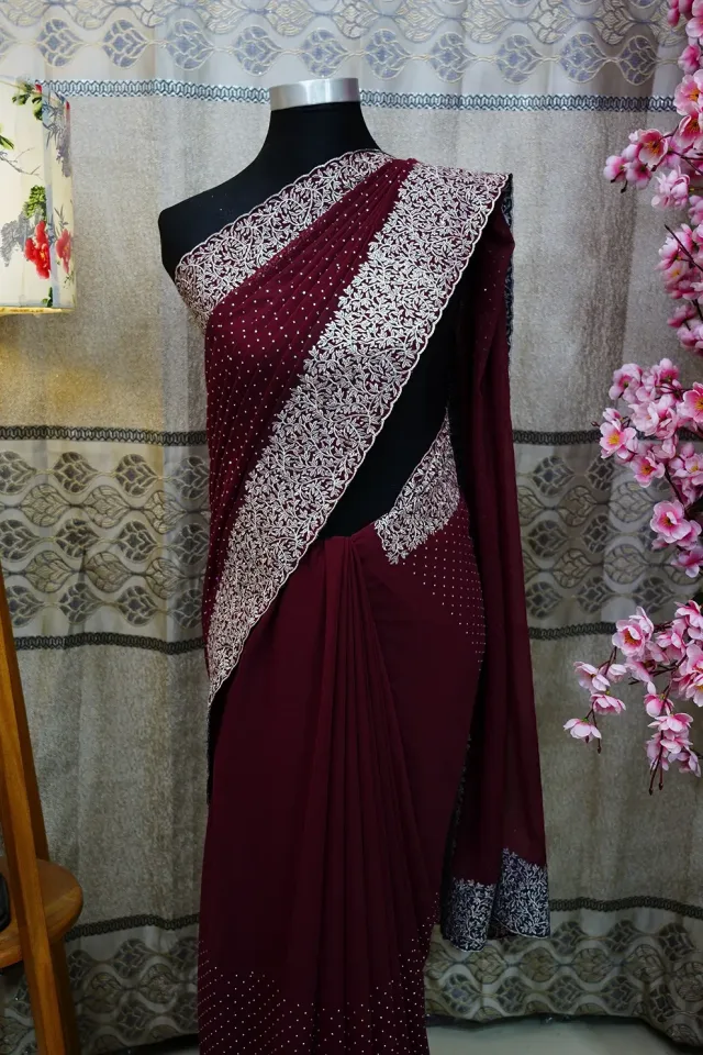 Merun Silk Blend Saree with Embroidery