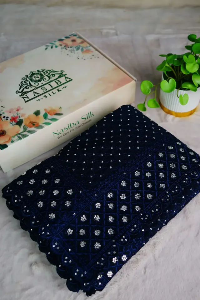 Navy Blue Silver Diamond Soft Chiffon Georgette Saree