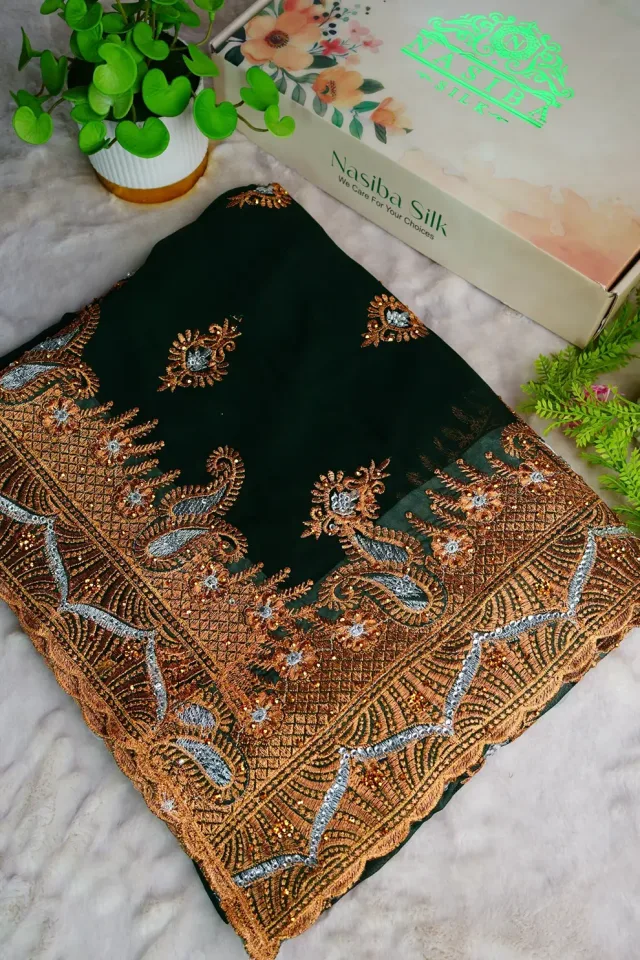 Bottle Green soft Chiffon Georgatte saree